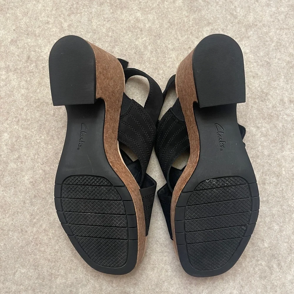 Clark’s Collection Nerisa West Black Cork Platform Heel Sandals Women’s Size 8.5